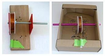 Figure 4. Pictures of wire dispensers made from materials included in the kit (left) or from household materials (right). This video shows an alternative way to wind coils.