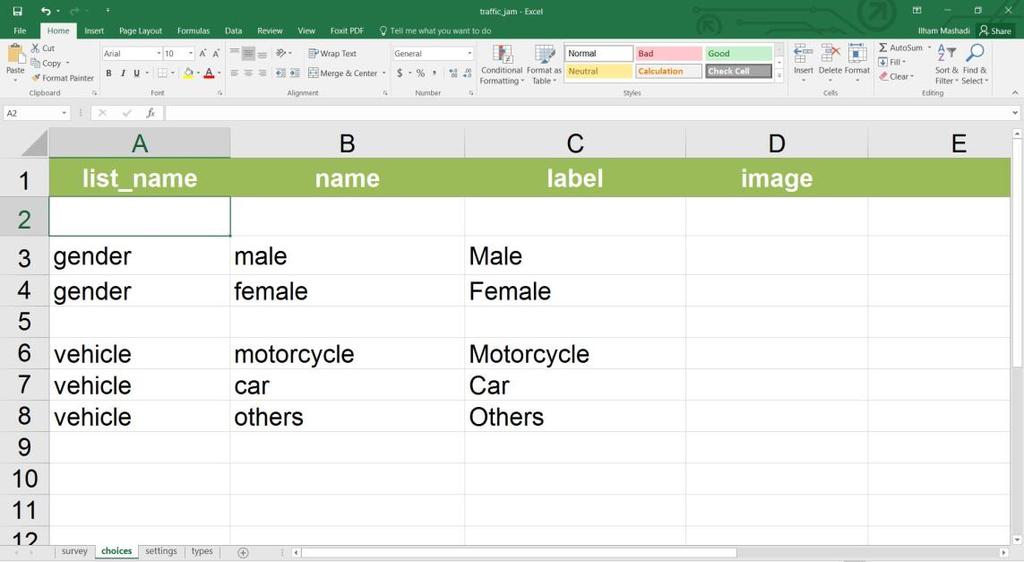 At the first and third rows, the syntax used is select_one gender and select_one vehicle. Gender and vehicle on the syntax is the list found under the tab, 'choices'.