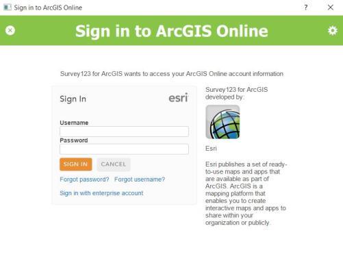 You can publish Survey123 for ArcGIS using ArcGIS Online or Portal for ArcGIS. Click on the sign in button on the left. 12.