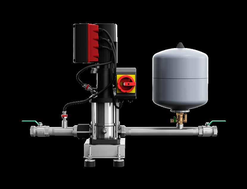 The system Includes: Inline vertical multistage centrifugal (CRIE) pump with IE5 motor and integrated VFD with graphical display Diaphragm (pressurised) tank to enable stopping of