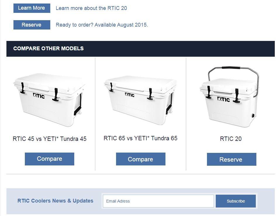 Case 1:15-cv-00597-RP Document 1 Filed 07/17/15 Page 11 of 36 Illustration 5: Screen Shot from RTIC s Web Site. 21. RTIC has not been shy about unlawfully copying YETI s coolers.