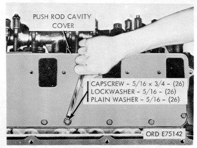 (3) Remove ten capscrews and flat washers securing each irocker arm to respective cylinder head. (4) Remove rocker arms and brackets. Figure 2-14. Push rod cavity coversremoval/installation.