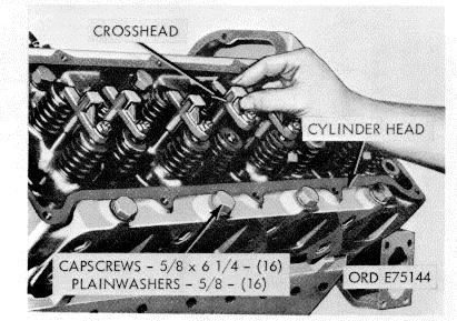 Figure 2-18. Valve crossheads - removal/installation. Figure 2-19. Cylinder heads - removal/installation. (3) Remove adapter. J Flywheel Housing (fig. 2-23).