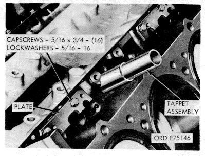 Rotate camshaft gear slightly while pulling. (4) Remove spacer plate and two plate to block gaskets. l. Oil Pan (fig. 2-25).