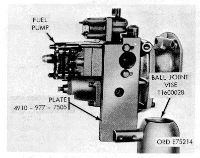 Figure 3-74. Mounting plate and ball joint vise installation. (14) and lockwashers (9) securing gear assembly (1) to pump housing. Remove gasket (2).