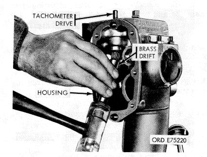 (f) Remove idle adjusting screw (23), adjusting screw washer (21), idle speed spring (20), and plunger (19). (g) Remove pipe plug (35) from cover. (6) Tachometer Drive Assembly (fig.