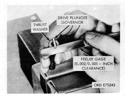 Figure 3-89. Thrust washer-drive plunger governor clearance. CAUTION When installing governor weight assembly, do not press against weights. Press against center of weights carrier shaft.