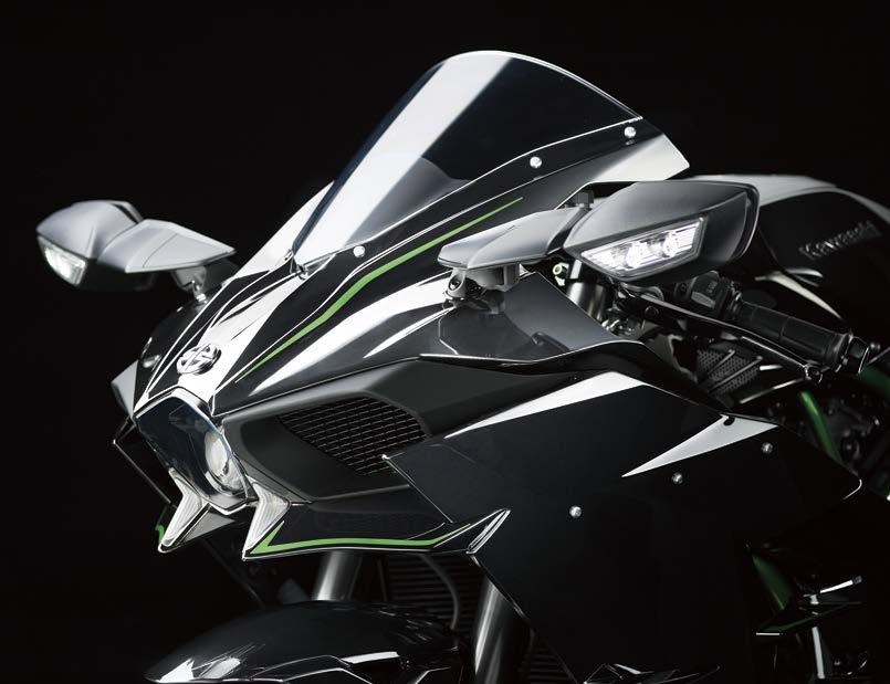 SHAPED FOR SPEED Aerodynamics Aerodynamically-designed Bodywork It is no accident that when viewed from the side, the Ninja H2 does not seem to have the aggressive forward-canted stance of most