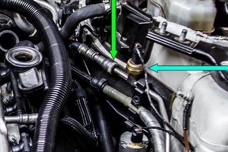 Because the M3 uses a longer OEM fuel feed hard line (shown), this kit includes enough hose and fittings to plumb the fuel filter outlet fitting (from 20-0475) to the SAE quick connect fitting from