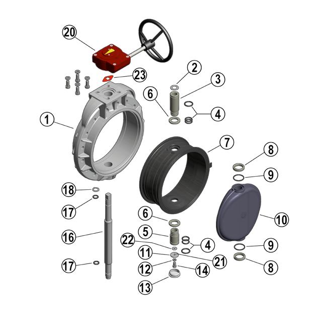EXPLODED VIEW DN 350 400 1 Body (PP-GR - 1) 2 Washer (STAINLESS Steel - 1) 3 Bush (PP-H - 1) 4 Bush O-Ring (EPDM or FPM - 6) 5 Bush (PP-H - 1) 6 Washer (PP-H - 2) 7 Liner (FPM - 1) 8 Anti-friction