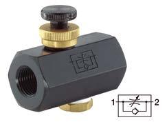 Check valves, shut-off valves, silencer Brass 255 Throttle check valve, thread M5 - Sealing NBR (Perbunan) - Materials: Al black anodized, brass blank - Type: cone-type throttle - Allowable medium: