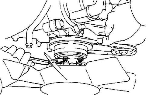 (b) Using SST to hold the crankshaft pulley, torque the bolt. SST 09213-70010 and 09330-00021 Torque: 1600 kg-cm (116 ft-lb, 157 N.m) (c) (with A/C) Install the No.2 crankshaft pulley. 9.