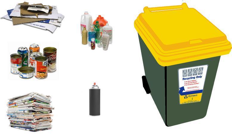 The yellow recycling bin is for clean: Paper Cardboard Plastic containers and bottles (1,2,4 and 5) Metal tins and cans What not to put in your recycling bin: Aerosol Cans Gas bottles Ash (Hot or