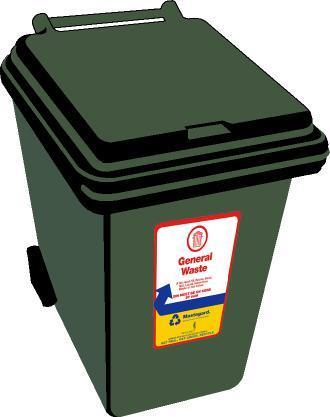 Your green bin is for general waste What not to put in your rubbish bin: Sharp objects or material capable of puncturing the bin. Any explosives, hot ashes or flammable material.