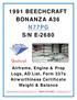 1991 BEECHCRAFT BONANZA A36 N77PG S/N E-2680