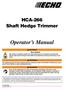 HCA-266 Shaft Hedge Trimmer. Operator s Manual