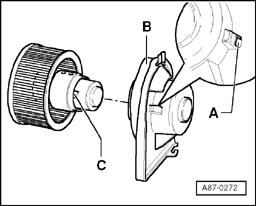 Page 21 of 53 87-82 Fresh air blower -V2-, separating from from base plate Note: On vehicles from initial production, the fresh air blower is secured to the base plate by a screw.