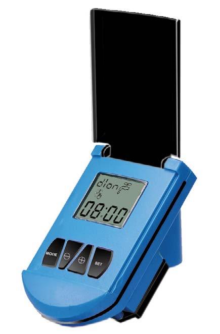 Back-up memory Low battery warning Power saving LCD Battery included Various mounting options : Directly on a 28mm diameter solenoid in horizontal or vertical position with adaptor Wall mounting with