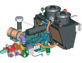 The cooling system is designed as a V shape plenum chamber integrating the hydraulic cooler and the engine radiator.