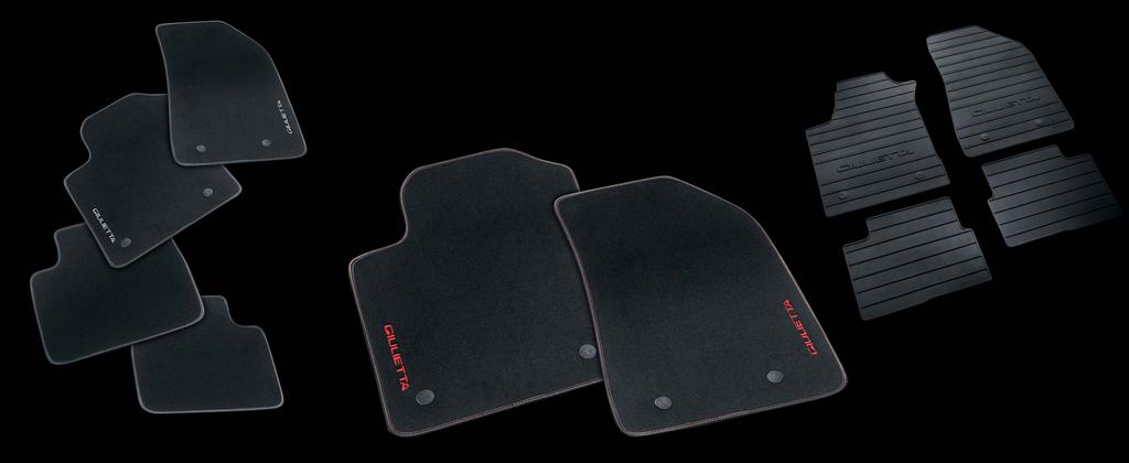 INTERIORS BLACK CARPET MATS * Picture not present in the catalogue With silver embroidered Giulietta naming on driver and passenger side. 2 pin security system. Set of 4. Left hand drive.