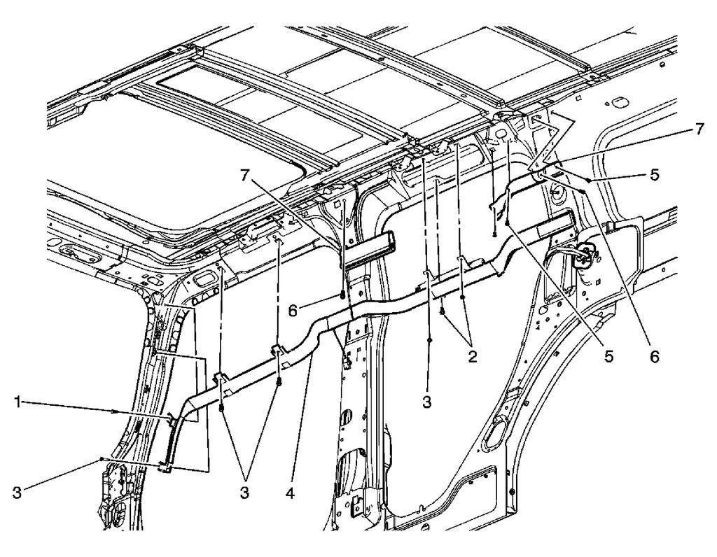 Fig. 58: Inflatable Restraint Roof Rail Module Replacement - Front Roof Side Rail Inflatable Restraint Module Replacement - Front Callout Component Name CAUTION: Refer to SIR Caution.