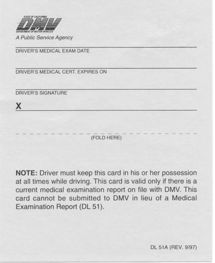 Review the back of license for any restrictions Medical Examiners Certificate Description This