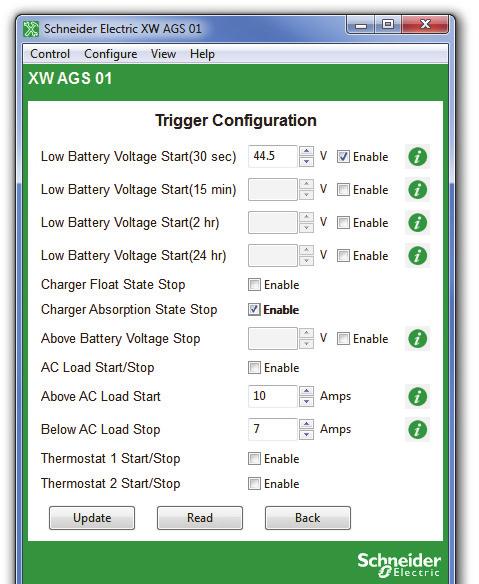 Configuring the Conext Automatic Generator Start Figure 3-30 AGS Trigger Configuration Table 3-14 AGS Trigger Settings Setting Description Low Battery Voltage Start (30 sec) Low Battery Voltage Start