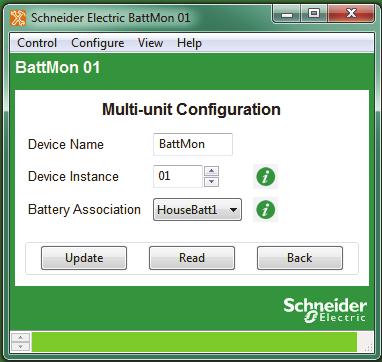 Device Configuration Multi-Unit Configuration Multi-unit configuration allows you to select the battery association and set the device name and instance of the Battery Monitor.