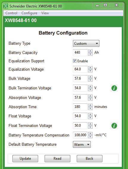 Configuring Conext XW/XW+/SW Inverter/Chargers Table 3-2 Charger Settings Setting Description Charger Block Stop Conext XW+ only: Conext SW only: Sets the time that charging on AC1 can resume.