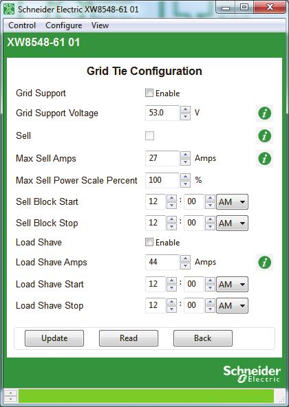 Device Configuration Grid Interactive - Grid Tie Configuration The Grid Tie Configuration window sets the options for grid tie operation of the Conext XW+.