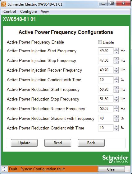 Device Configuration Grid Interactive - Active Power Frequency Configuration The Active Power Frequency Configuration screen sets the XW+ Active Power Frequency Configuration Settings.