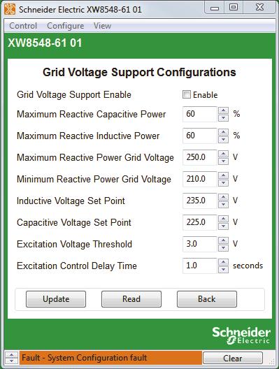 Device Configuration Grid Interactive - Grid Voltage Support Configuration The Grid Voltage Support configuration window sets Grid Voltage Support options for the Conext XW+.