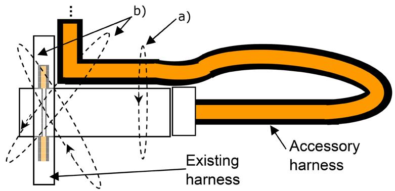 Fig. 24 b) a) Existing Harness Accessory Harness 12) Secure the tap (Fig. 24) a) Secure the tapped wire on the non-pierce side to the body of the posi-tap with electrical tape (2 revolutions).