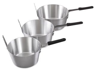 PROFESSIONAL ALUMINUM SAUCE PANS For the gourmet chef, these sauce pans have tapered sides, rounded corners, flat bottoms, a highly polished finish and are well-balanced.