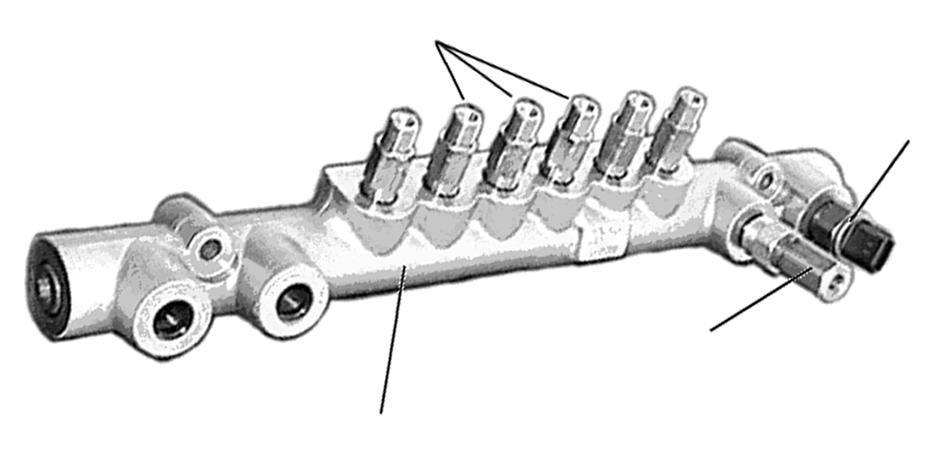 2.2 Rail [1] Construction The functionof the rail is to distribute the high-pressure fuel pressurized by the supply pump to each cylinder injector.