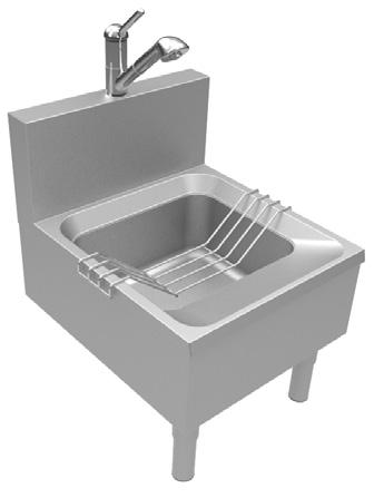 Supplied with grid for feet, horizontal single-lever sink tap w/ pullout sprayer, 1 ¼" waste valve and fixing elements.