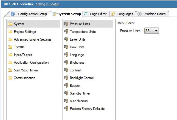 System Setup 5. Highlight System in the far left column, and the following choices will appear in the second column: a. Pressure Units b. Temperature Units c. Level Units d. Flow Units e. Language f.