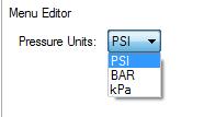 7. Select PSI, BAR or kpa. 8. Highlight Temperature Units in the second column, and the following will appear in the third column: 9. Select Fahrenheit or Celsius. 10.