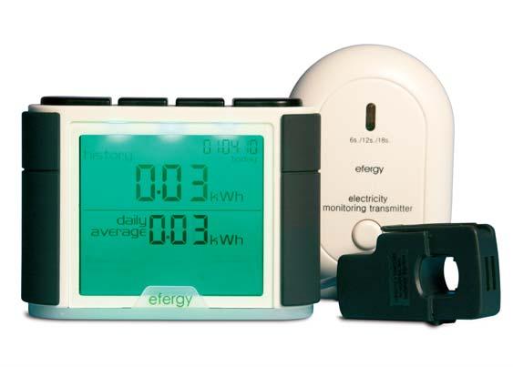 Energy Monitoring 5 Take control of your energy use by using the efergy wireless electricity monitor. It displays instant power, costs, historical and average data and estimated CO 2 emissions.