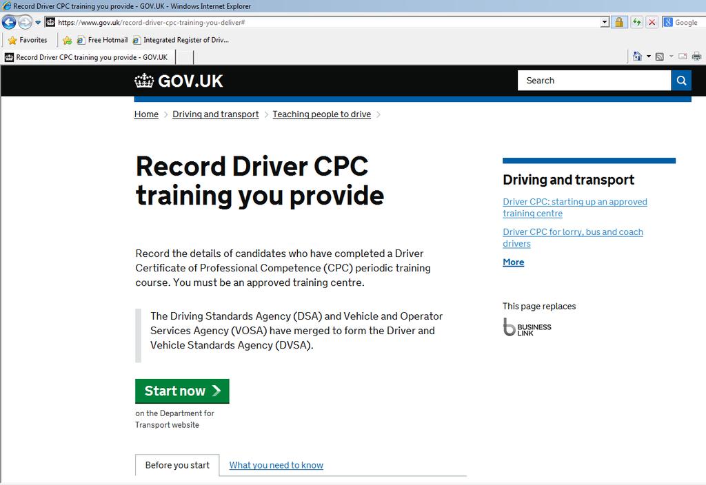 CPC R&E System Record Driver CPC Training on the CPC R&E System To access the Driver CPC R&E system go to www.gov.