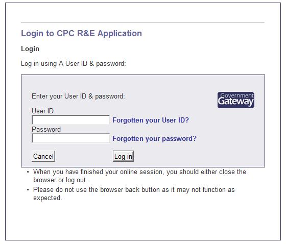 Enter your User ID and password and select Log in When using the CPC R&E system do not use your browser back and