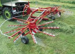 Rotary rakes centre delivery R 2 and Pro Tangential rake arm positioning. R 655 DS is 3-point suspended. R 655 AS/ASL is trailed and suitable for small tractors.