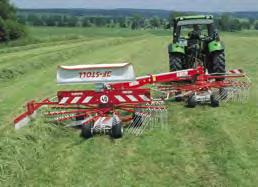 Rotary rakes side delivery R 2 12 rake arms with tangential positioning per rotor super working quality. High lift of rake tines optimal when driving crosswise on the headland.