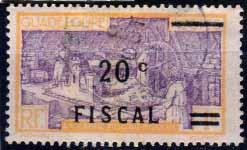 Ovpt FISCAL on Quittance stamps of Guadeloupe of 1932, surcharged with two bars through previous value. 59.