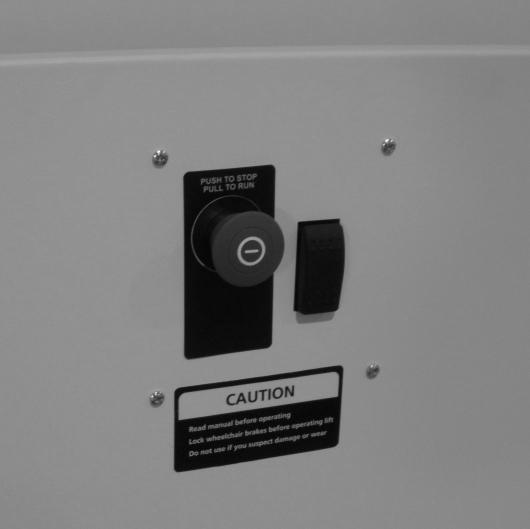 19 Controls Emergency Stop In an emergency push this red button to stop the lift. Pull out on the button to run. Up Controls upward movement of lift platform.
