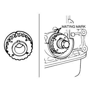 4. Now, rotate the engine in its normal direction (clockwise when viewed from the passenger's side) until the camshaft pulley mark (A) aligns with the V-notch at the top of the front housing.