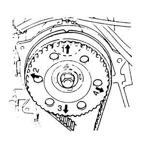 Fig. 14: Camshaft pulley and front housing timing mark alignment 1988