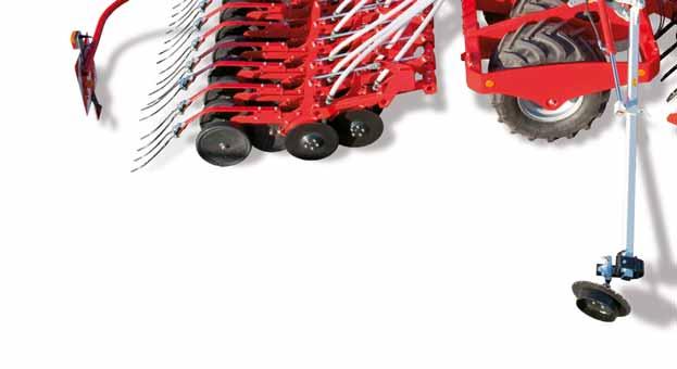 The chassis frame always remains at the same height, only the disc harrow and seed coulter rails are lifted During road transport the