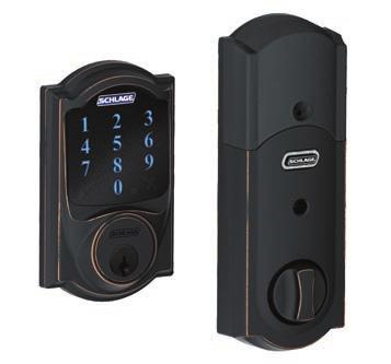SCHLAGE CONNECT KEYPAD LOCKS Example Order for SCHLAGE CONNECT DEADBOLT: BE469 CAM 716 BE469 CAM 716 Product/Function SCHLAGE CONNECT DEADBOLT Design CAMELOT Aged Bronze Product No.