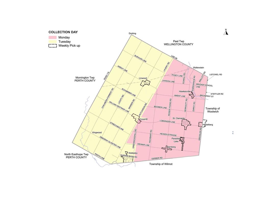 Township collection map Indicates towns and designated areas that receive weekly recycling collection Towns and designated areas receive weekly garbage, green bin and recycling, seasonal bi-weekly